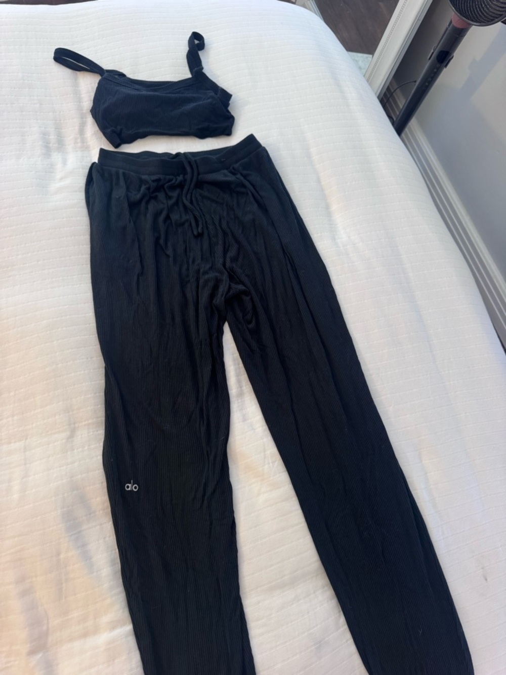 ALO Yoga Black Ribbed Lounge Pants with Matching Crop Tank